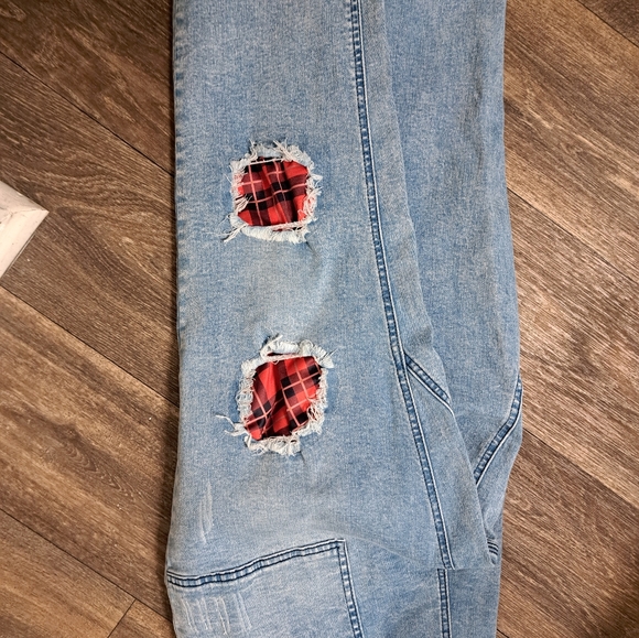 Distressed Blue Jeans with Red Plaid Patches - Picture 4 of 4